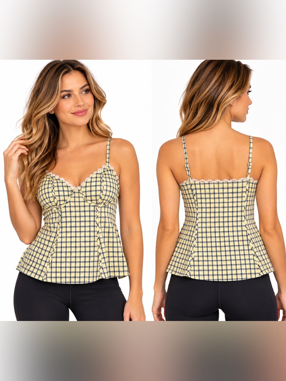 ZARA Plaid Corset Cami Tank Top S Yellow Black Lace Trim Bustier Y2K